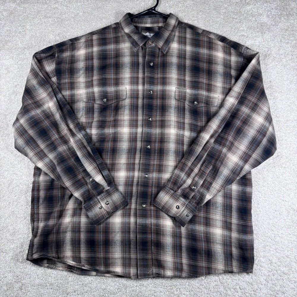 Powder River Outfitters Mens XL Plaid Western Pearl Snap Shirt Brown Blue Cotton